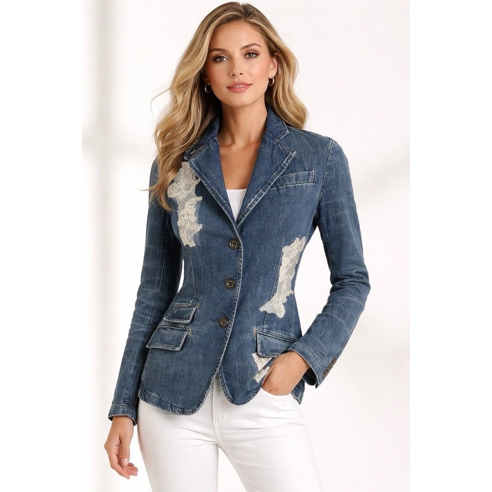 Lauren Ralph Lauren Denim Blazer Women 12 Blue Career Lace Beaded Applique